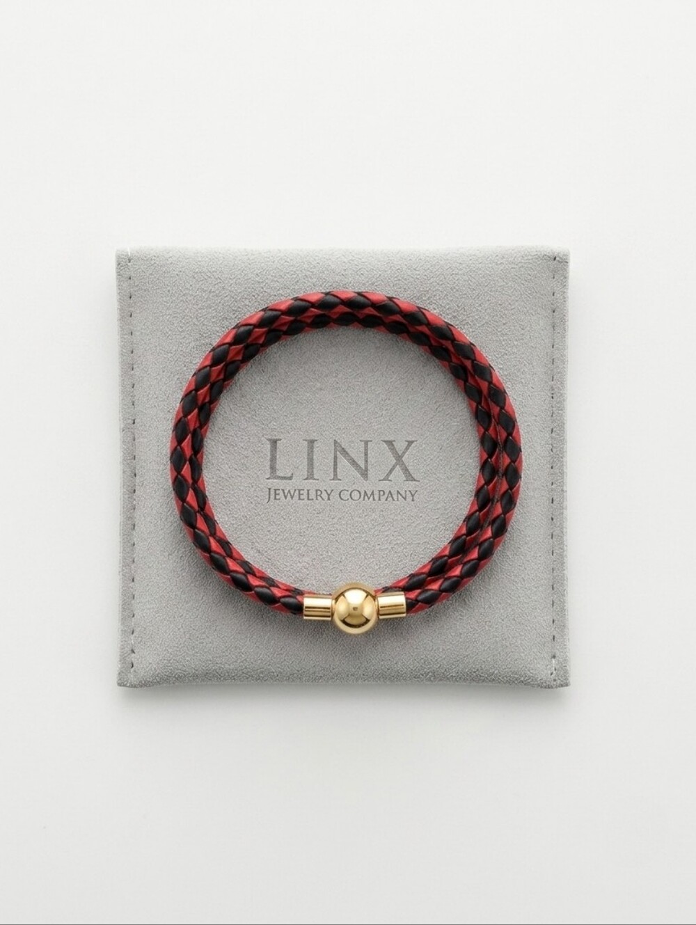 Linx Double Red & Black Leather Braided Cord Bracelet with a Gold Magnetic Clasp